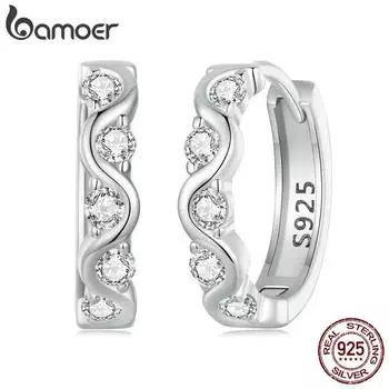Женские серьги-кольца BAMOER из стерлингового серебра 925 пробы с волнистыми пряжками и кубическим цирконием, подарок на день рождения, ювелирные изделия BSE963