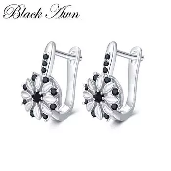 Женские серьги-кольца BLACK AWN с черным каменным цветком и снежинкой