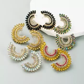 Женские серьги-кольца геометрические полукруглые серьги из сплава с полным кристаллом, темпераментные серьги высокого качества OneSize чёрный