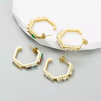 Женские серьги-кольца, геометрические серьги из титановой стали, высококачественные серьги с гальваническим покрытием и инкрустацией цирконом, сохраняющие цвет OneSize зелёный