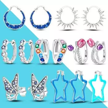 Женские серьги-кольца из серебра 925 пробы с тюльпаном, светящейся звездой, солнечной бабочкой, нерегулярные тонкие серьги белый