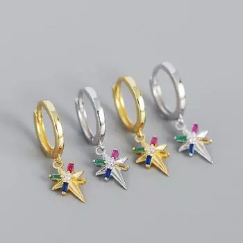 Женские серьги-кольца из серебра 925 пробы в стиле минимализма с восьмиконечной звездой и цветными бриллиантами, металлическая пряжка для ушей золотой