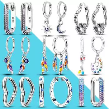 Женские серьги-кольца из сверкающего серебра 925 пробы с цирконием U-образной формы, роскошные изящные обручальные свадебные серьги с перьями звезды и луны розовый