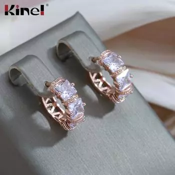 Женские серьги-кольца с блестящими квадратными цирконами Kinel