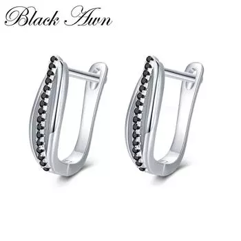 Женские серьги-кольца с черным камнем BLACK AWN