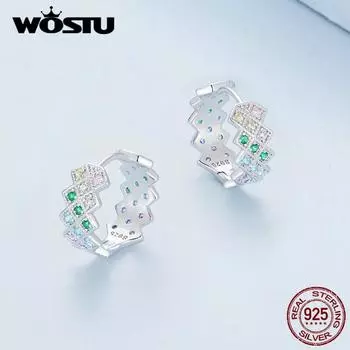Женские серьги-кольца WOSTU из стерлингового серебра 925 пробы с радужным цирконием, многоцветное кольцо с ромбовидным узором, вечерние ювелирные изделия, подарок