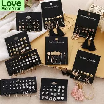 Женские серьги, комплект из жемчужных сережек для женщин, модные ювелирные изделия в стиле бохо, геометрические серьги-гвоздики в форме хрустального сердца