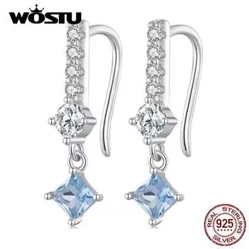 Женские серьги-крючки WOSTU из стерлингового серебра 925 пробы, нежные синие и белые квадратные цирконы, изящные ювелирные изделия, подарок на день рождения 925 silver