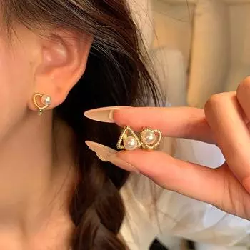 «Женские серьги Love с геометрическим жемчугом в стиле Гонконга 2024 года — маленькие и изысканные» A1887 золотой