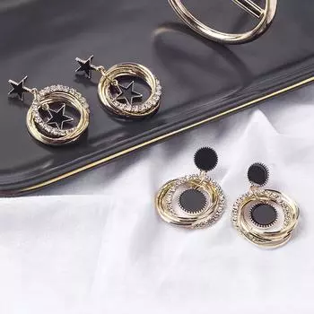 Женские серьги Модные геометрические пентаграммы Многослойные бриллиантовые серьги Длинные серьги Серьги-гвоздики Circle чёрный