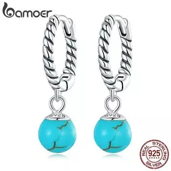 Женские серьги-подвески BAMOER из стерлингового серебра 925 пробы с круглыми бусинами, изысканные ювелирные изделия, винтажные бирюзовые пряжки для ушей, свадебный подарок для девочек 925 silver
