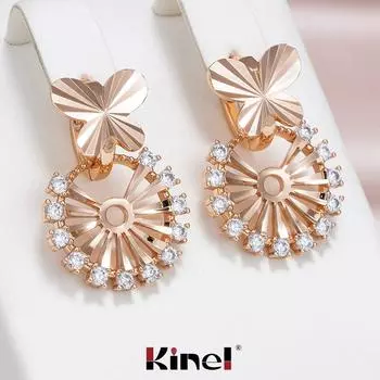 Женские серьги-подвески Kinel, натуральный циркон, полное паве, цвет розового золота, процесс резки ювелирных изделий в виде снежинок розового золота