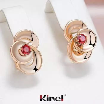 Женские серьги-подвески Kinel с красным цирконием в форме цветка, розовое золото, свадебные украшения для невесты