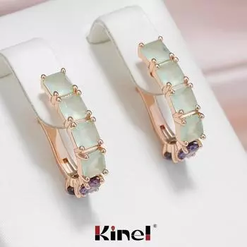 Женские серьги-подвески Kinel зеленого и фиолетового цвета с кубическим цирконом, английские серьги цвета розового золота розового золота
