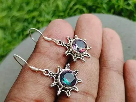 Женские серьги-подвески с драгоценным камнем мистический топаз, из цельного стерлингового серебра 925 пробы, подарок с камнем рождения, серьги круглой формы