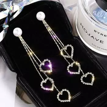 Женские серьги-подвески с кисточками и цирконом в форме сердца золотой