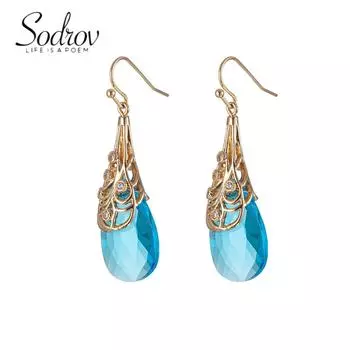 Женские серьги-подвески SODROV золотого цвета с голубыми кристаллами и цирконием