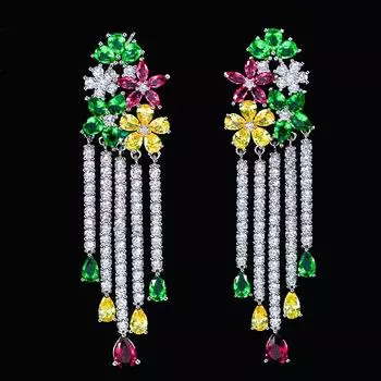 Женские серьги-подвески WWJ Noble Multi Color с кубическим цирконием и кисточкой зелёный