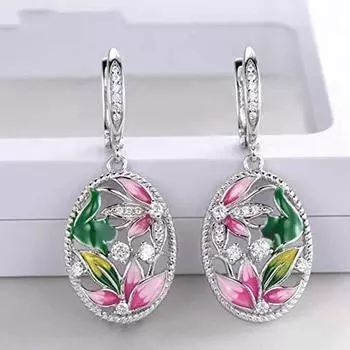 Женские серьги с цветочной эмалью и эмалью с цирконом