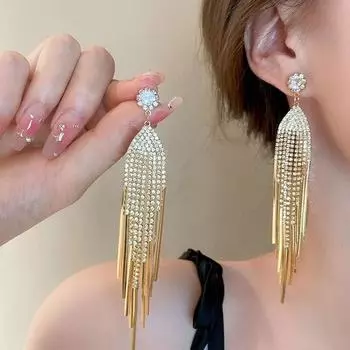 Женские серьги с длинными кисточками и инкрустацией стразами и цветами, темпераментные серебряные иглы, серьги-капли с преувеличенным цирконом, блестящие ювелирные изделия