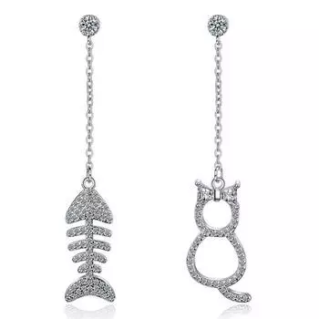 Женские серьги с длинными кисточками из стерлингового серебра 925 пробы, милые асимметричные мозаичные циркониевые серьги с изображением кота и рыбы, массивные ювелирные изделия S-E390