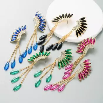 Женские серьги с кисточками и длинными крыльями из сплава со стразами, темпераментные серьги-капли премиум-класса OneSize синий