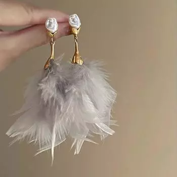 Женские серьги с кисточками и имитацией жемчуга «Суперфея», французские ретро-серые серьги в стиле ретро с серыми перьями