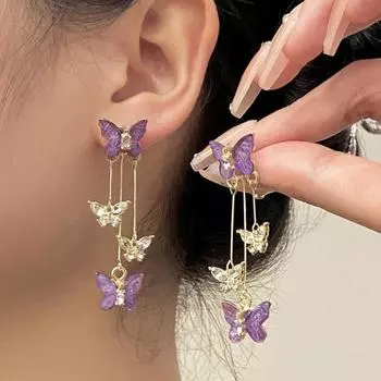 Женские серьги с кисточками в виде бабочек, роскошные элегантные длинные висячие серьги с искусственными фиолетовыми кристаллами для девочек