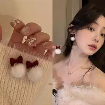 Женские серьги с красным бантом и пушистыми шариками — элитная мода осень/зима A2071 красный