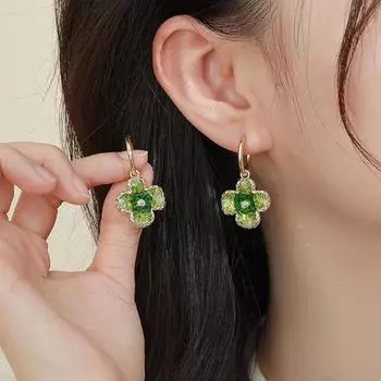 Женские серьги с зеленым цирконом и цветком модного и элегантного дизайна и пряжками для ушей