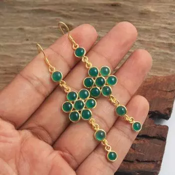 Женские серьги с зеленым драгоценным камнем из оникса, 100% стерлингового серебра 925 пробы, желтое золото, ювелирные изделия золотой/жёлтый