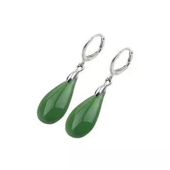 Женские серьги с зеленым камнем и цирконом в форме капли воды