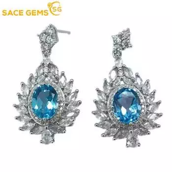 Женские серьги SACE GEMS, стерлинговое серебро 925 пробы, 5*7 мм, серьги-гвоздики с натуральным швейцарским синим топазом, ювелирные изделия для свадебной вечеринки синий