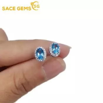 Женские серьги SACEGEMS из стерлингового серебра 925 пробы, 4*6 мм, серьги-гвоздики с натуральным швейцарским синим топазом, ювелирные изделия для помолвки, коктейлей и вечеринок синий
