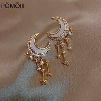 Женские серьги Серебряные серьги-кисточки с иголками в виде звезд и луны