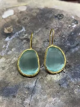 Женские серьги серии Sun Stone с кошачьим глазом и бирюзой, 22-каратное золото, золото с желтым покрытием