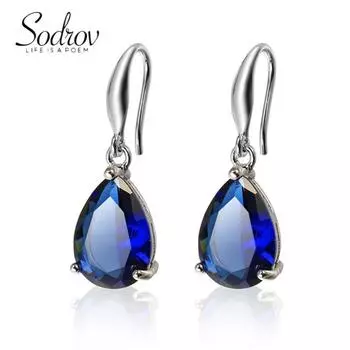 Женские серьги SODROV с синим сапфиром и цирконом сапфировый