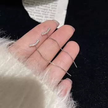 Женские серьги-улыбки: Узкое лицо, длинная циркониевая кисточка, нишевый дизайн, летний стиль. Smiling ear wire, copper plated with platinum