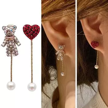 Женские серьги в стиле панк, корейские модные асимметричные серьги в форме сердца с медведем в форме сердца, милые серьги с кисточками и кристаллами