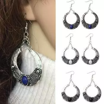 Женские серьги в стиле ретро серебряного цвета с бирюзой в стиле бохо, большие круглые серьги с гравировкой, ювелирные изделия синий