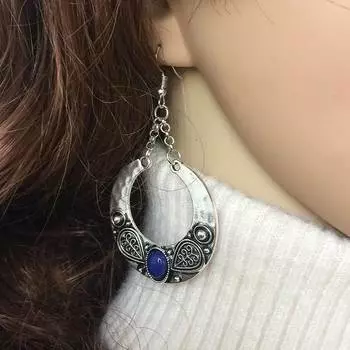 Женские серьги в стиле ретро серебряного цвета с бирюзой в стиле бохо, большие круглые серьги с гравировкой, ювелирные изделия синий