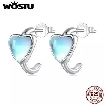 Женские серьги WOSTU из стерлингового серебра 925 пробы в форме сердца с синтетическим лунным камнем, оригинальный дизайн, серьги-гвоздики, ювелирные изделия 925 silver