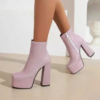 Женские серебристые блестящие сапоги на высоком массивном каблуке, толстая платформа, блестящие пайетки, розовое золото, готические сапоги, обувь для вечеринок 34