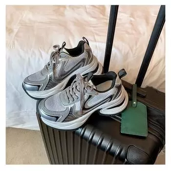 Женские серебристые модные неуклюжие кроссовки на толстой подошве, новая универсальная повседневная обувь, легкие кроссовки на шнуровке 35 серебряный