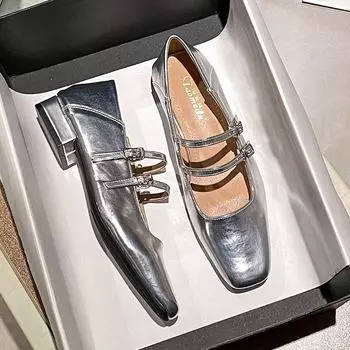 Женские серебристые туфли Мэри Джейн: Квадратный носок, толстый каблук средней высоты, пряжка, большой размер, универсальный стиль 40 чёрный