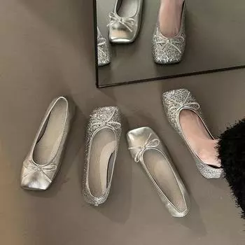 Женские серебряные балетки Xiaoxiangfeng Doudou Shoes ~ Сверкающие маленькие кожаные туфли ~ Туфли Мэри Джейн Весна и Лето 35 серебряный