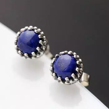 Женские серебряные серьги из чистого натурального лазурита 925 пробы ручной работы с тремеллой и гвоздями