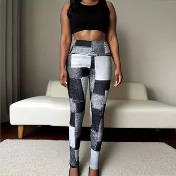 Женские серые блочные принты эластичные леггинсы для йоги фитнеса бега спортзала спорта активных штаны XS серебряный