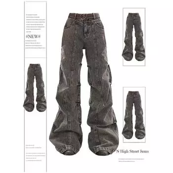 Женские серые джинсы, винтажные корейские эстетические джинсовые брюки 90-х годов, ковбойские брюки с высокой талией в стиле Харадзюку, модная дрянная одежда Y2k 2000-х годов S серый