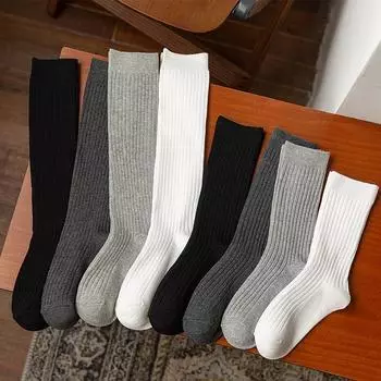 Женские серые хлопковые гольфы выше колена — модный японский ретро-стиль с вертикальными полосками, идеально подходят для весны и осени.